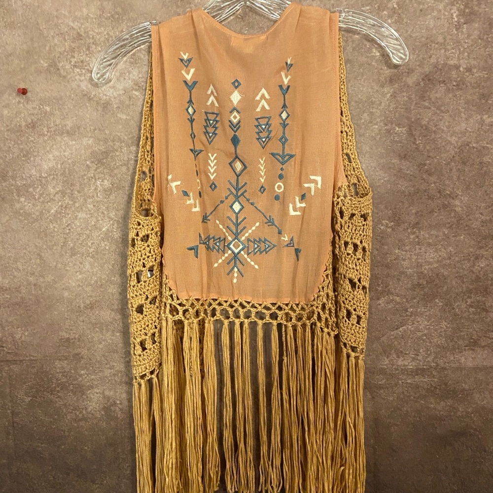 Kori America~southwest style embroidered & crocheted vest with fringe~size S~EUC - Picture 3 of 5